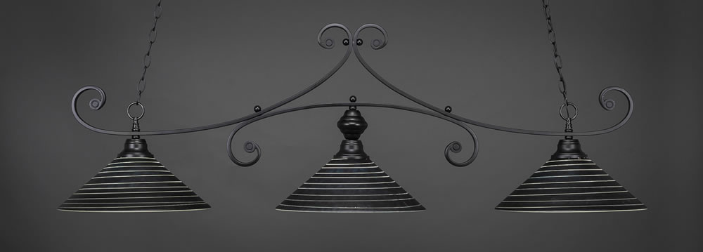 Curl 3 Light Billiard Light Shown In Matte Black Finish With 16" Charcoal Spiral Glass