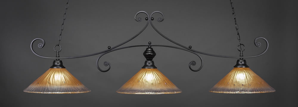 Curl 3 Light Billiard Light Shown In Matte Black Finish With 16" Amber Crystal Glass