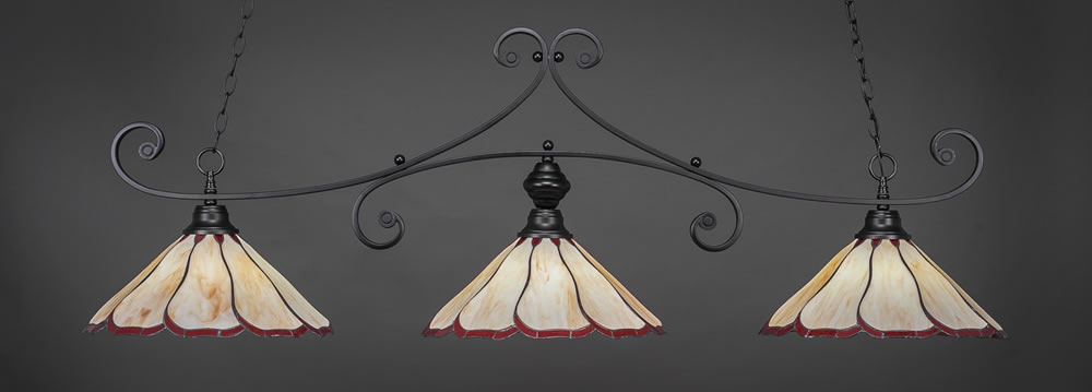 Curl 3 Light Billiard Light Shown In Matte Black Finish With 16" Honey & Burgundy Flair Tiffany Glass