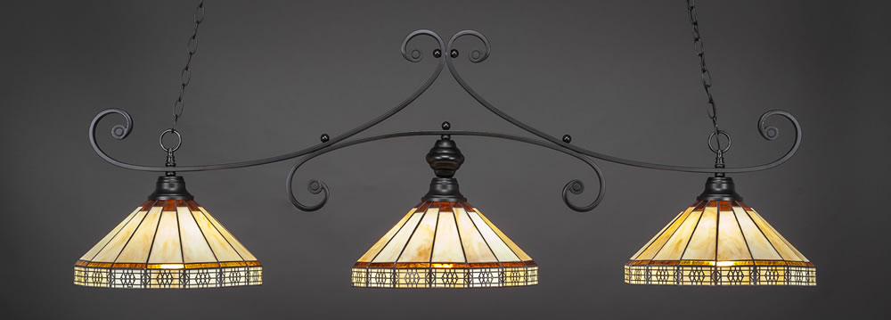 Curl 3 Light Billiard Light Shown In Matte Black Finish With 15" Honey & Brown Mission Tiffany Glass
