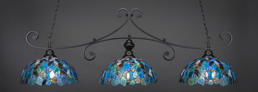 Curl 3 Light Billiard Light Shown In Matte Black Finish With 16" Blue Mosaic Tiffany Glass