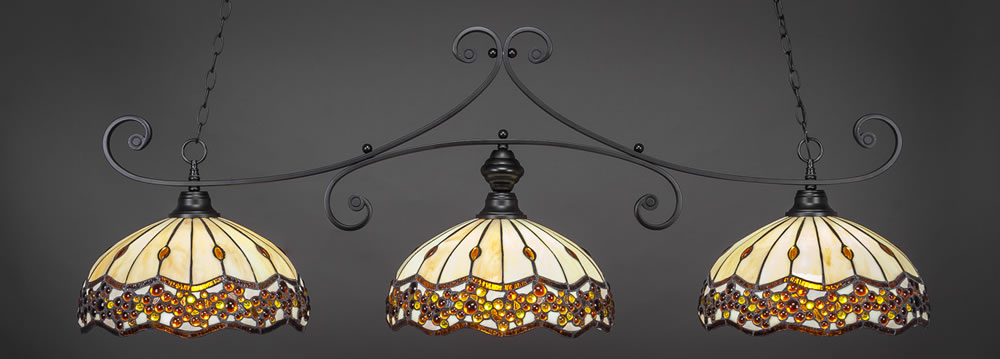 Curl 3 Light Billiard Light Shown In Matte Black Finish With 16" Roman Jewel Tiffany Glass