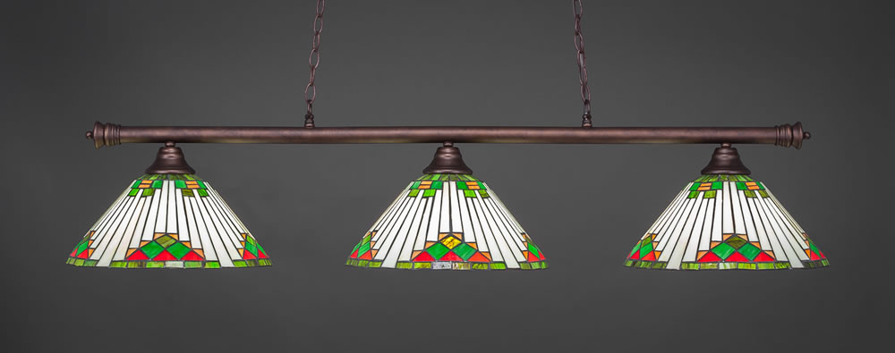 Oxford 3 Light Billiard Light Shown In Bronze Finish With 15" Green Sunray Tiffany Glass