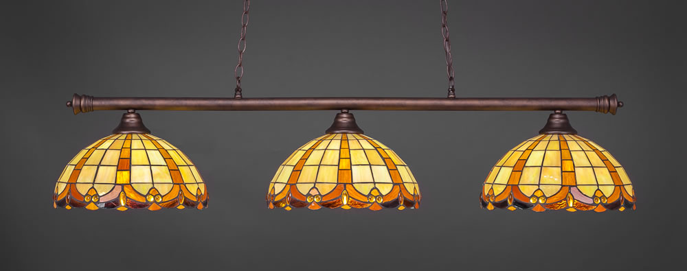 Oxford 3 Light Billiard Light Shown In Bronze Finish With 14.5" Butterscotch Tiffany Glass