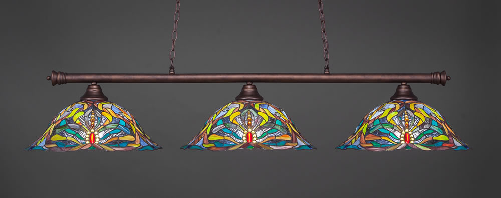 Oxford 3 Light Billiard Light Shown In Bronze Finish With 19" Kaleidoscope Tiffany Glass