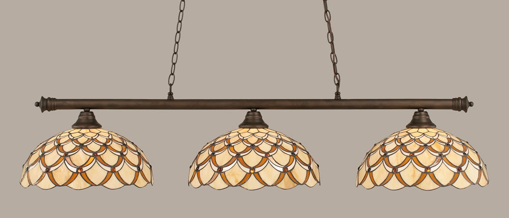 Oxford 3 Light Billiard Light Shown In Bronze Finish With 16" Honey & Brown Scallop Tiffany Glass