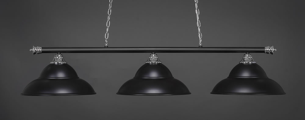 Oxford 3 Light Billiard Light Shown In Chrome And Matte Black Finish With 16" Matte Black Double Bubble Metal Shades