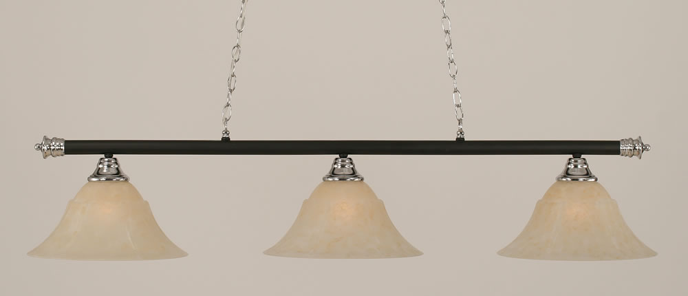 Oxford 3 Light Billiard Light Shown In Chrome And Matte Black Finish With 14" Amber Marble Glass