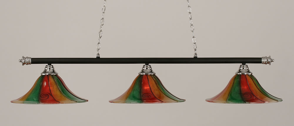 Oxford 3 Light Billiard Light Shown In Chrome And Matte Black Finish With 16" Mardi Gras Glass