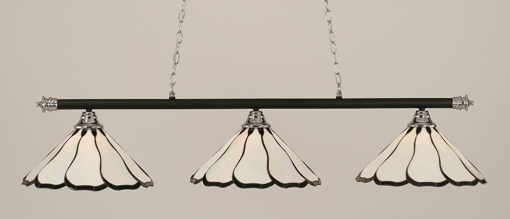 Oxford 3 Light Billiard Light Shown In Chrome And Matte Black Finish With 16" Pearl & Black Flair Tiffany Glass