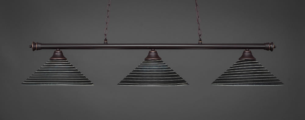 Oxford 3 Light Billiard Light Shown In Dark Granite Finish With 16" Charcoal Spiral Glass