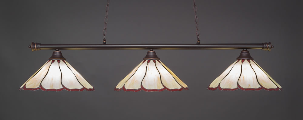 Oxford 3 Light Billiard Light Shown In Dark Granite Finish With 16" Honey & Burgundy Flair Tiffany Glass