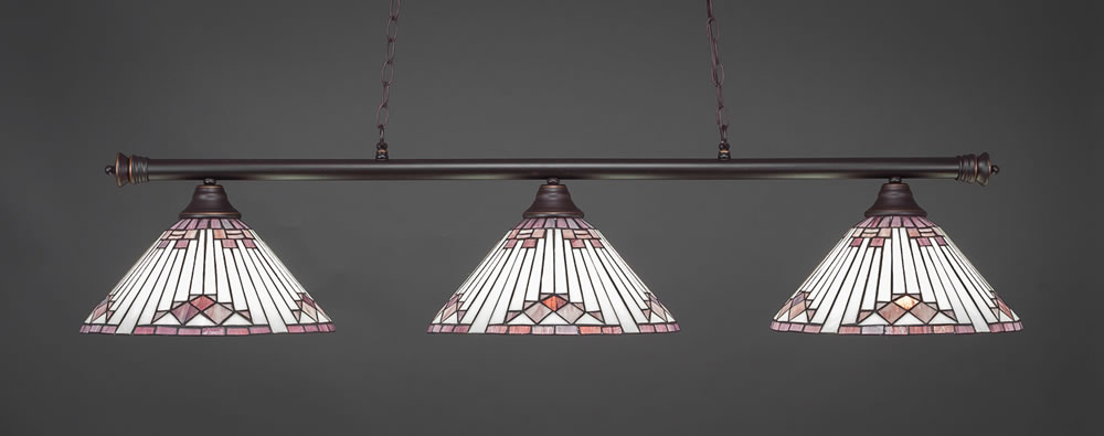 Oxford 3 Light Billiard Light Shown In Dark Granite Finish With 15" Purple Sunray Tiffany Glass