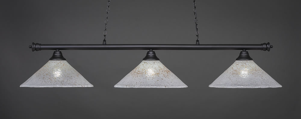Oxford 3 Light Billiard Light Shown In Matte Black Finish With 16" Gold Ice Glass