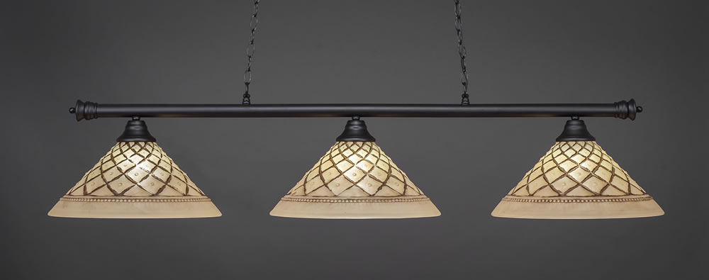 Oxford 3 Light Billiard Light Shown In Matte Black Finish With 16" Chocolate Icing Glass