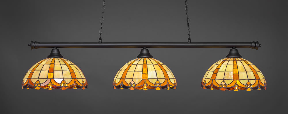 Oxford 3 Light Billiard Light Shown In Matte Black Finish With 14.5" Butterscotch Tiffany Glass