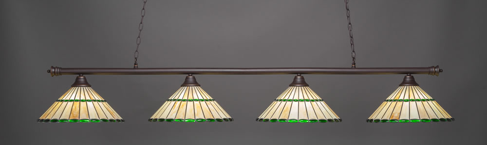 Oxford 4 Light Billiard Light Shown In Dark Granite Finish With 15.5" Honey Glass & Green Jewels Tiffany Glass