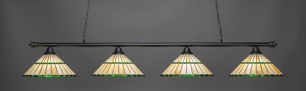 Oxford 4 Light Bar Shown In Matte Black Finish With 15.5" Honey Glass & Green Jewels Tiffany Glass