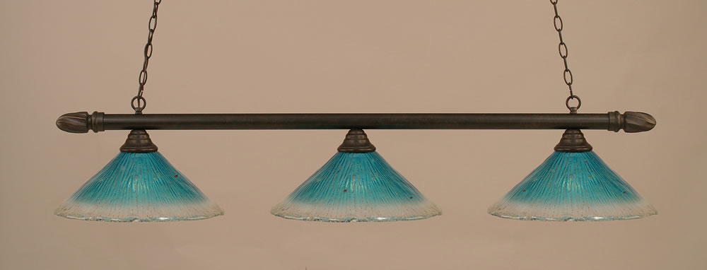 Round 3 Light Billiard Light Shown In Dark Granite Finish With 16" Teal Crystal Glass