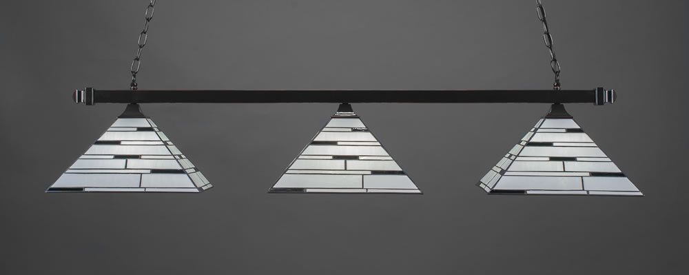 Square 3 Light Billiard Light Shown In Black Copper Finish With 14" Pearl Ebony Tiffany Glass
