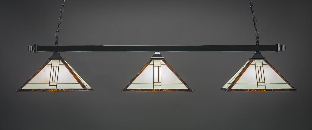 Square 3 Light Bar With Square Fitters Shown In Black Copper Finish With 14" Tiffany Glass
