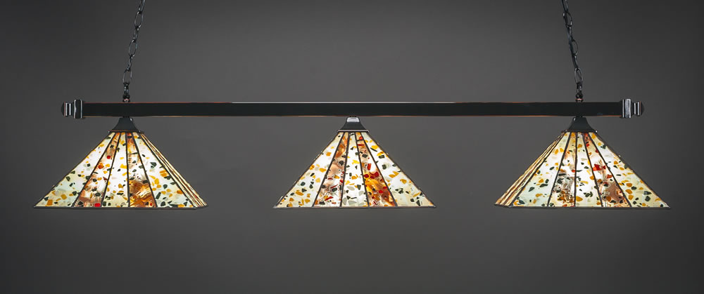Square 3 Light Bar With Square Fitters Shown In Black Copper Finish With 14" Fiesta Tiffany Glass