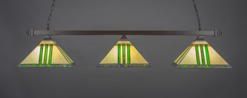 Square 3 Light Bar With Square Fitters Shown In Dark Granite Finish With 14" Green & Metal Leaf Tiffany Glass