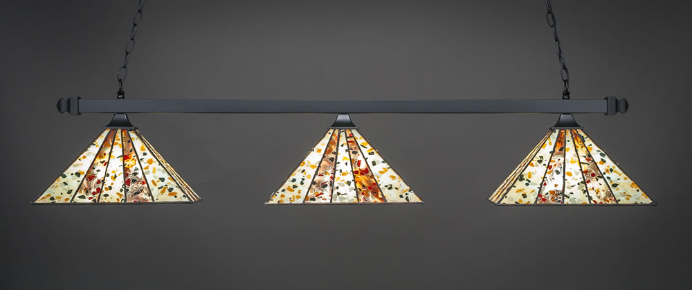 Square 3 Light Bar With Square Fitters Shown In Matte Black Finish With 14" Fiesta Tiffany Glass