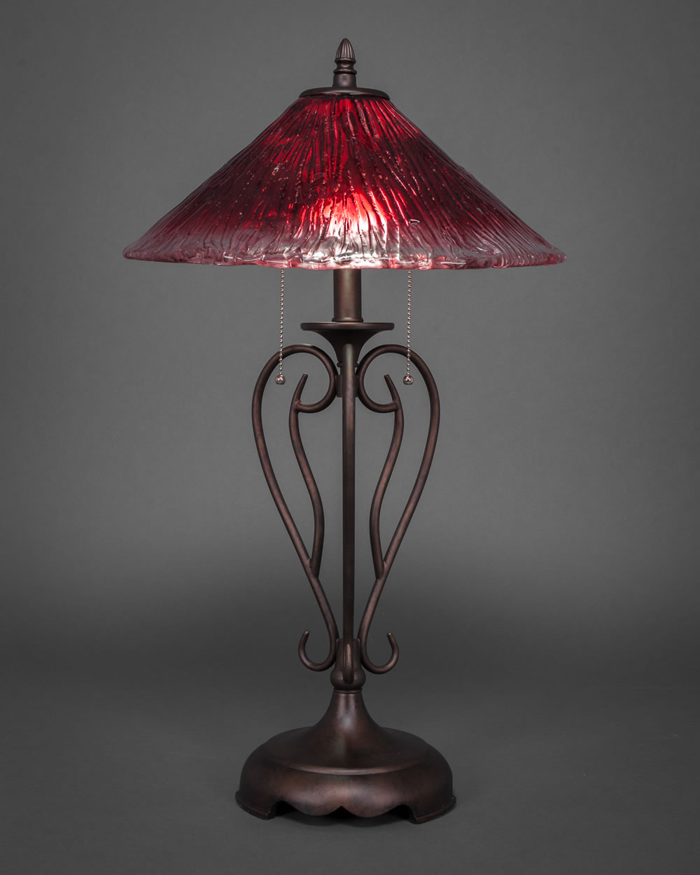 Olde Iron Table Lamp Shown In Bronze With 16" Raspberry Crystal Glass