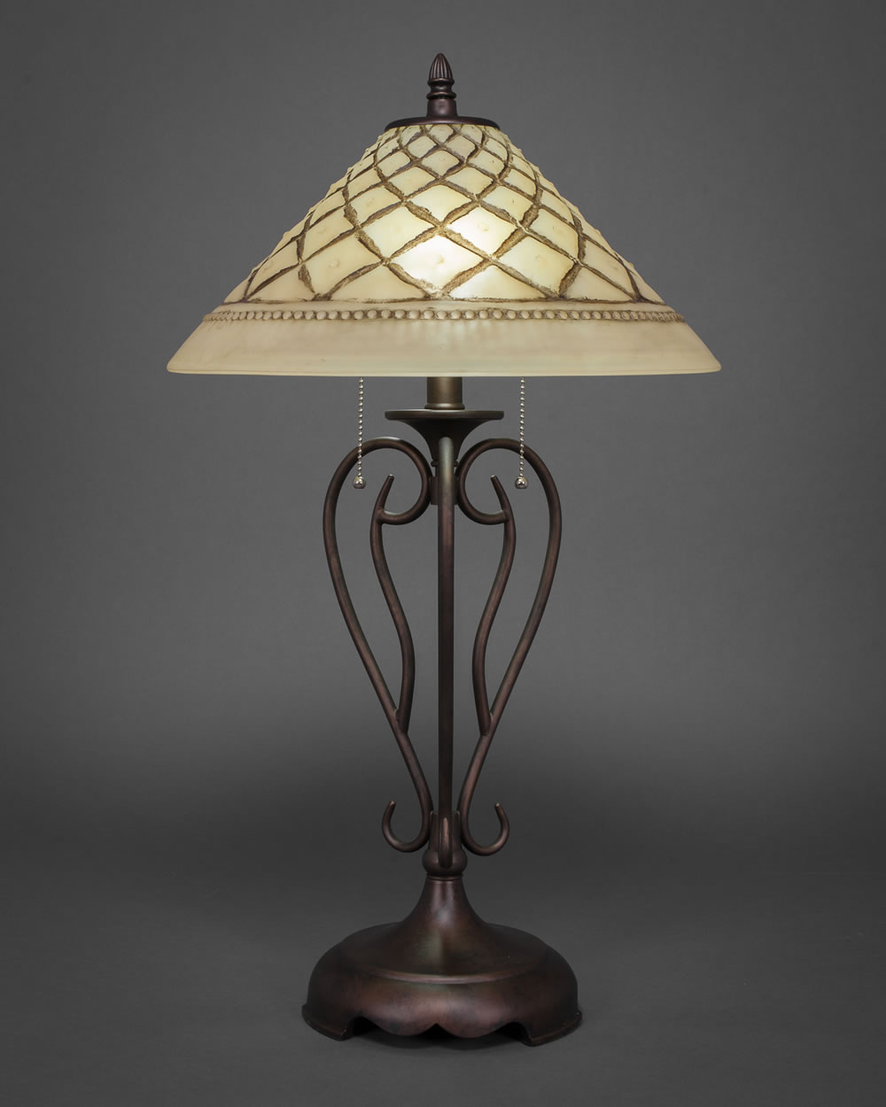 Olde Iron Table Lamp Shown In Bronze With 16" Chocolate Icing Glass