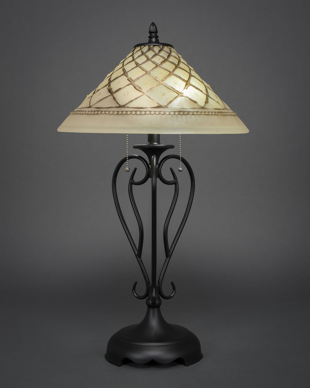 Olde Iron Table Lamp Shown In Matte Black Finish With 16" Chocolate Icing Glass