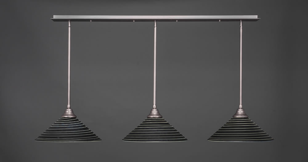 3 Light Multi Light Pendant With Hang Straight Swivels Shown In Brushed Nickel Finish With 16" Charcoal Spiral Glass