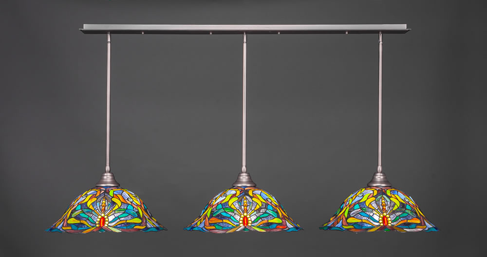3 Light Multi Light Pendant With Hang Straight Swivels Shown In Brushed Nickel Finish With 19" Kaleidoscope Tiffany Glass