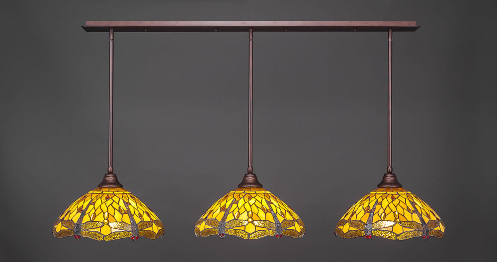 3 Light Multi Light Pendant With Hang Straight Swivels Shown In Bronze Finish With 16" Amber Dragonfly Tiffany Glass