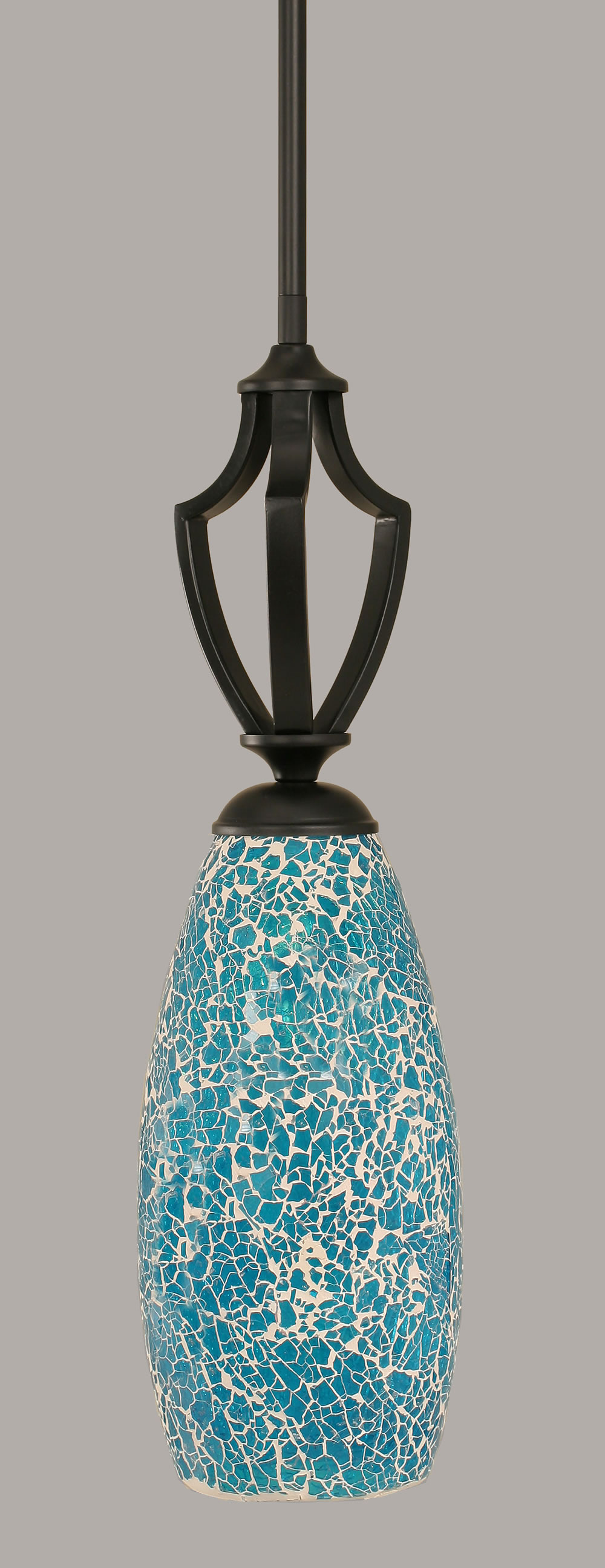 Zilo 1 Light Mini Pendant Shown In Matte Black Finish With 5.5" Turquoise Fusion Glass