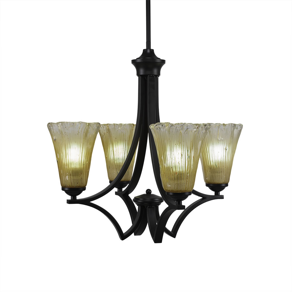 Zilo 4 Light Chandelier Shown In Matte Black Finish With 5.5" Fluted Amber Crystal Glass