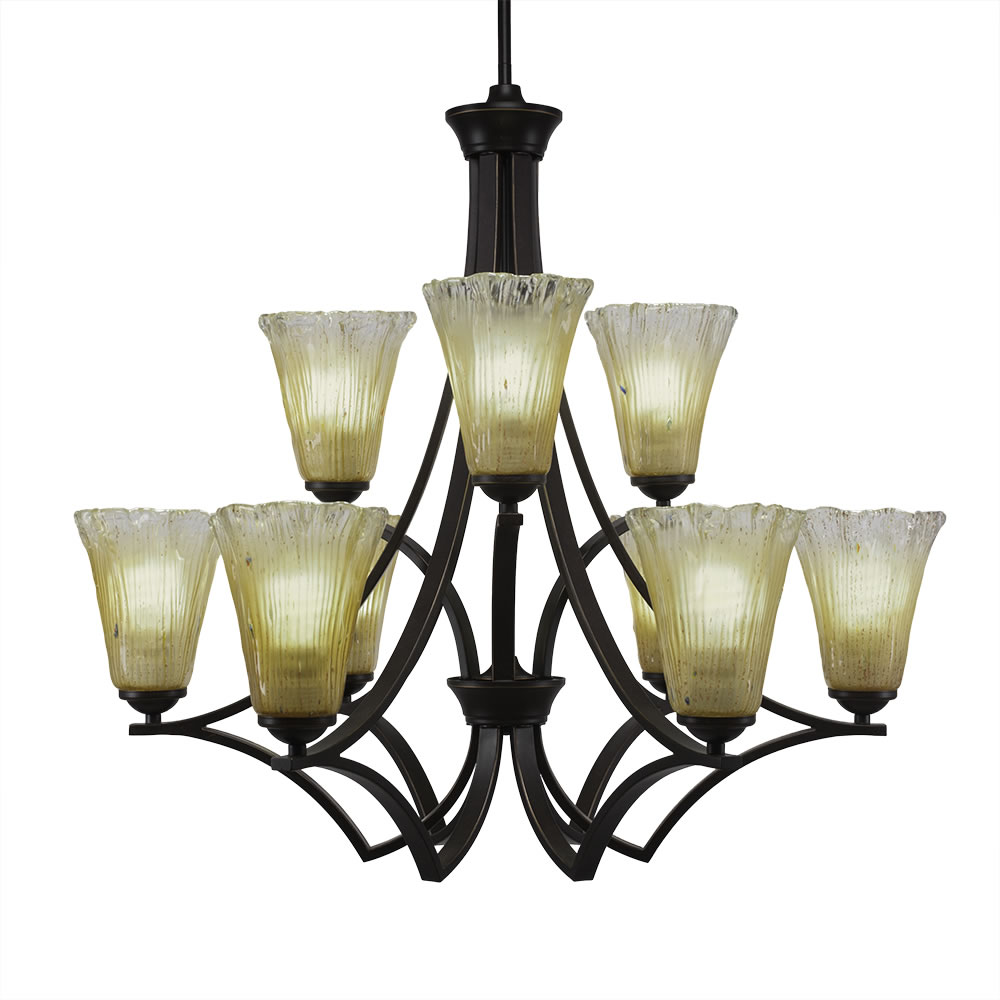 Zilo 9 Light Chandelier Shown In Dark Granite Finish With 5.5" Fluted Amber Crystal Glass