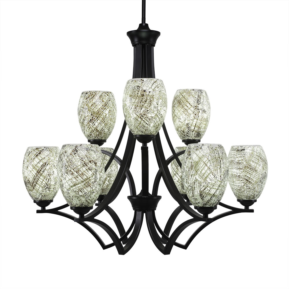Zilo 9 Light Chandelier Shown In Matte Black Finish With 5" Natural Fusion Glass