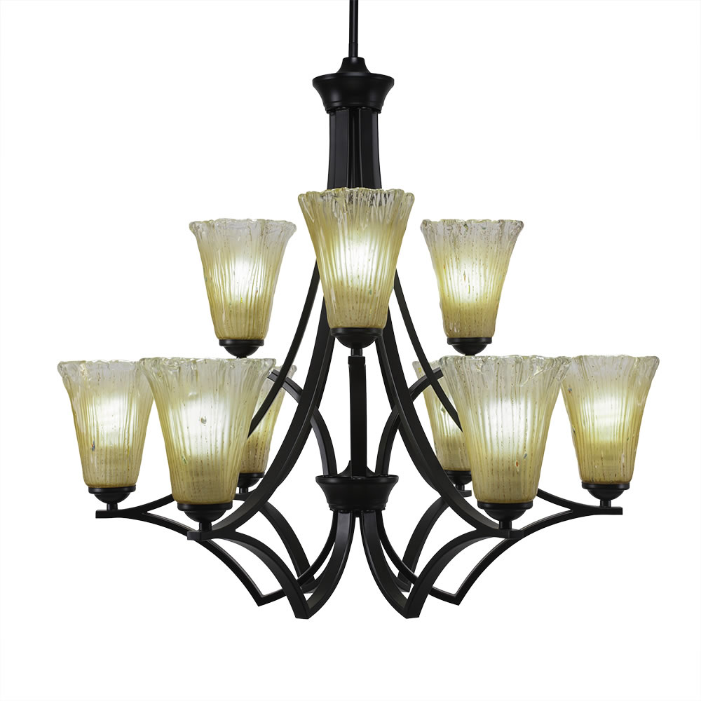Zilo 9 Light Chandelier Shown In Matte Black Finish With 5.5" Fluted Amber Crystal Glass