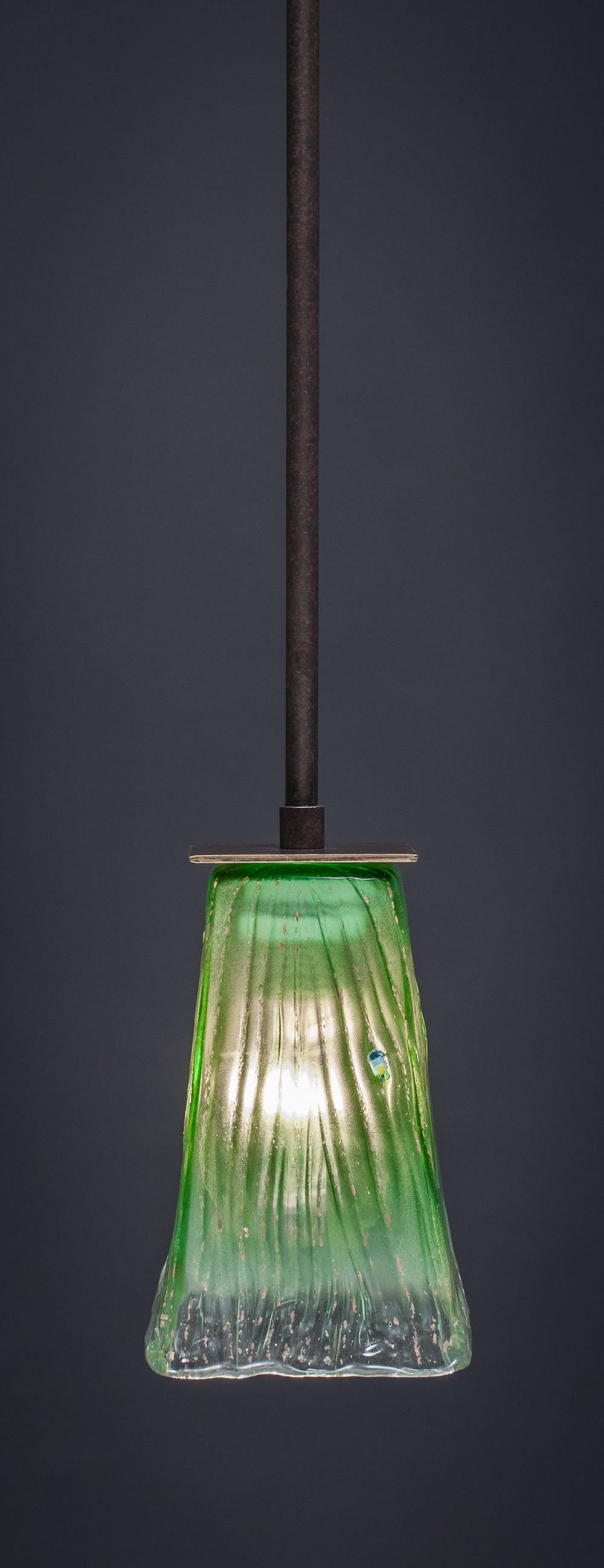 Apollo Stem Mini Pendant With Hang Straight Swivel Shown In Dark Granite Finish With 5" Square Kiwi Green Crystal Glass