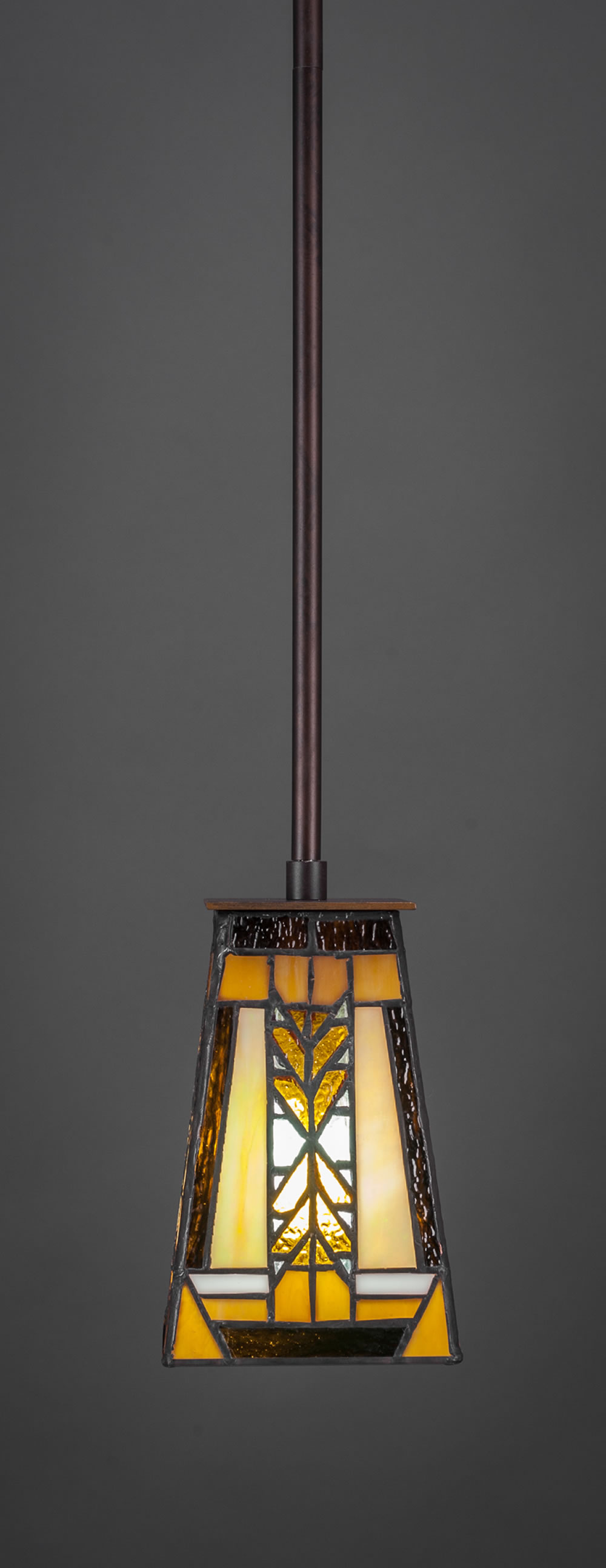 Apollo Stem Mini Pendant With Hang Straight Swivel Shown In Dark Granite Finish With 5" Square Santa Cruz Tiffany Glass