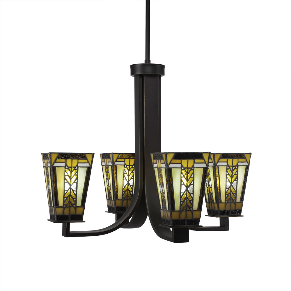 Apollo 4 Light Chandelier With Hang Straight Swivel Shown In Dark Granite Finish With 5" Square Santa Cruz Tiffany Glass