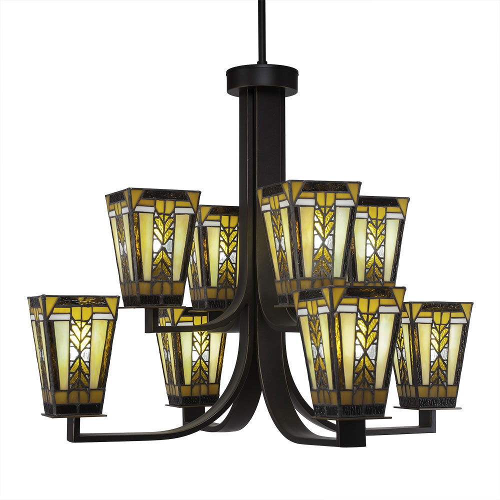 Apollo 8 Light Chandelier With Hang Straight Swivel Shown In Dark Granite Finish With 5" Square Santa Cruz Tiffany Glass