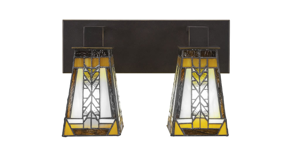 Apollo 2 Light Bath Bar Shown In Dark Granite Finish With 5" Square Santa Cruz Tiffany Glass