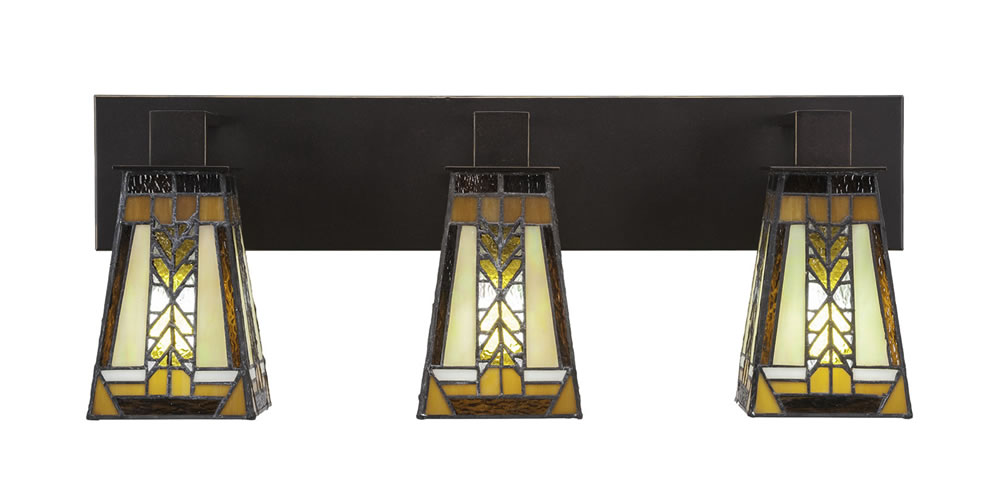 Apollo 3 Light Bath Bar Shown In Dark Granite Finish With 5" Square Santa Cruz Tiffany Glass