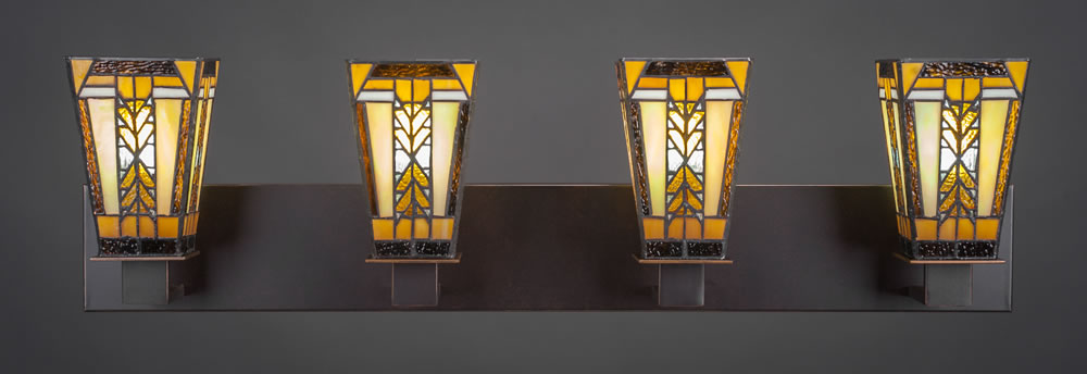 Apollo 4 Light Bath Bar Shown In Dark Granite Finish With 5" Square Santa Cruz Tiffany Glass