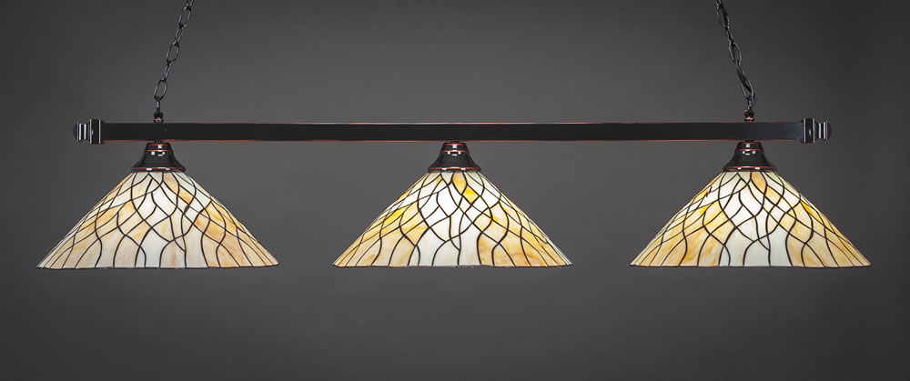 Square 3 Light Bar Shown In Black Copper Finish With 16" Sandhill Tiffany Glass
