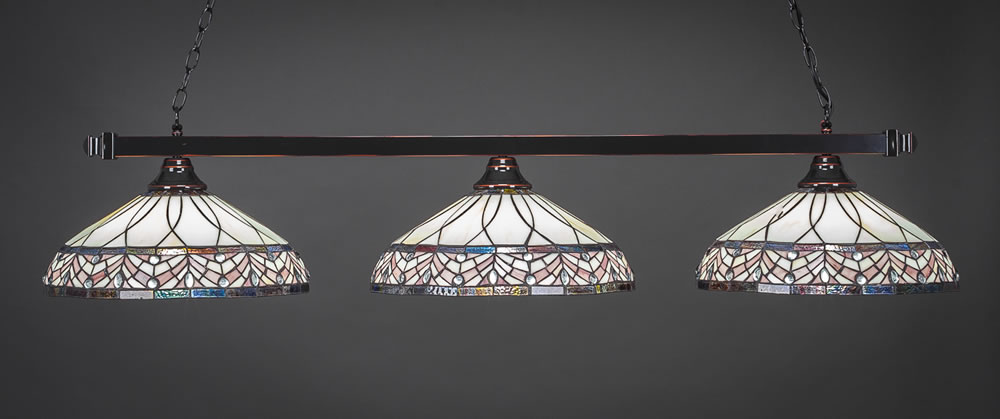 Square 3 Light Billiard Light Shown In Black Copper Finish With 16" Royal Merlot Tiffany Glass