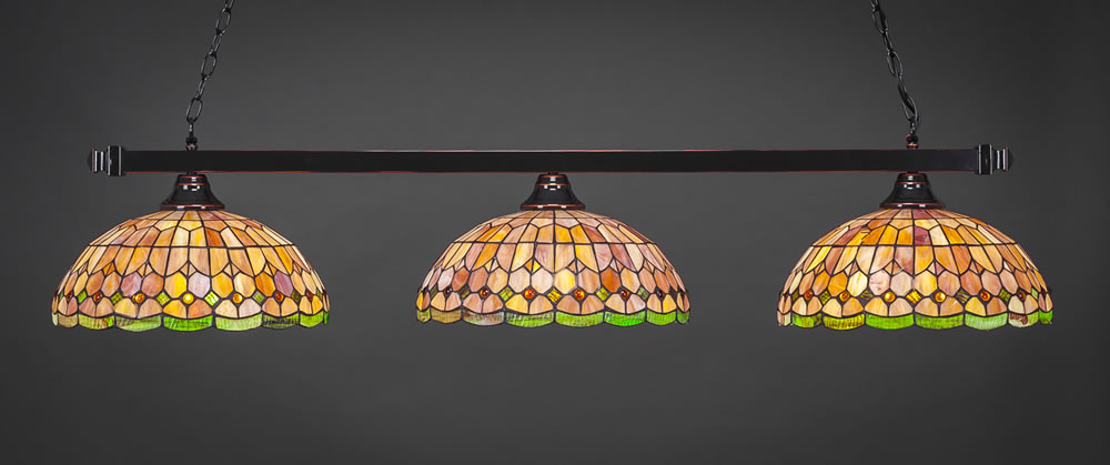 Square 3 Light Bar Shown In Black Copper Finish With 15" Rosetta Tiffany Glass