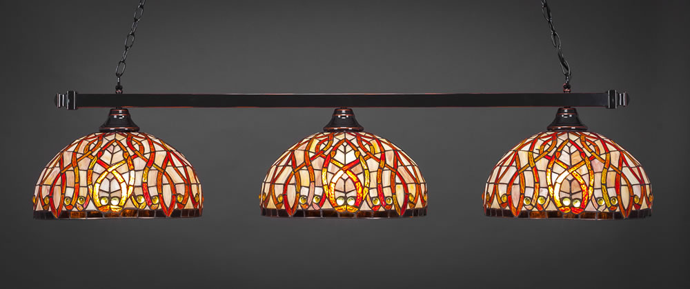 Square 3 Light Billiard Light Shown In Black Copper Finish With 15" Persian Nite Tiffany Glass